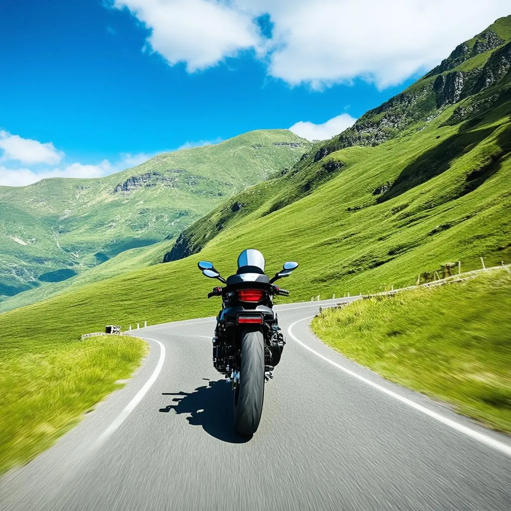 Motorbike winding through the mountains